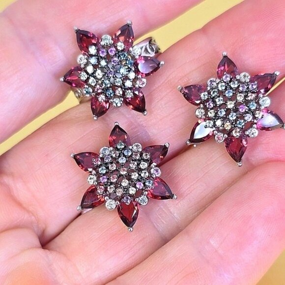 925 Sterling Silver Set Ring Sz 8.75 & Earrings with Natural Garnet & Sapphire - Picture 11 of 11